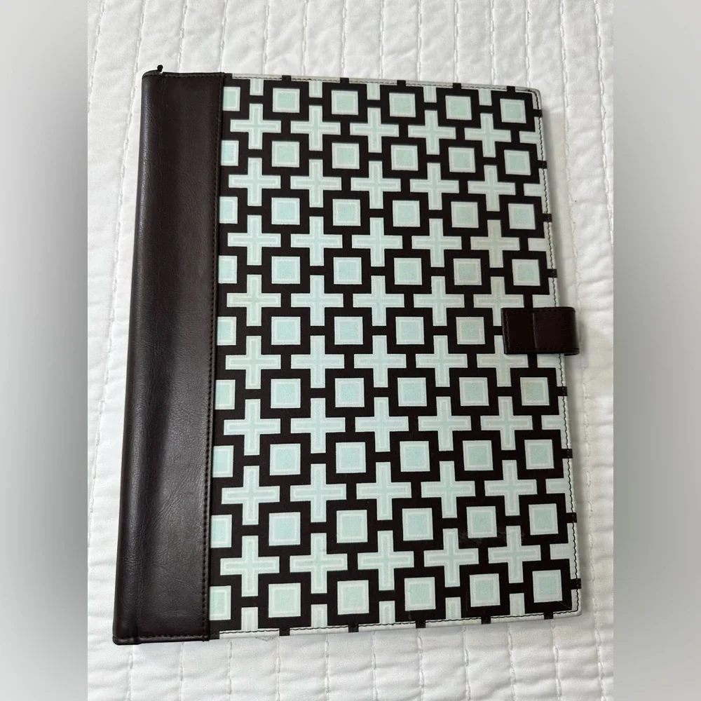 Modern Cross Pattern Leather Padfolio with Brown And Blue Trim